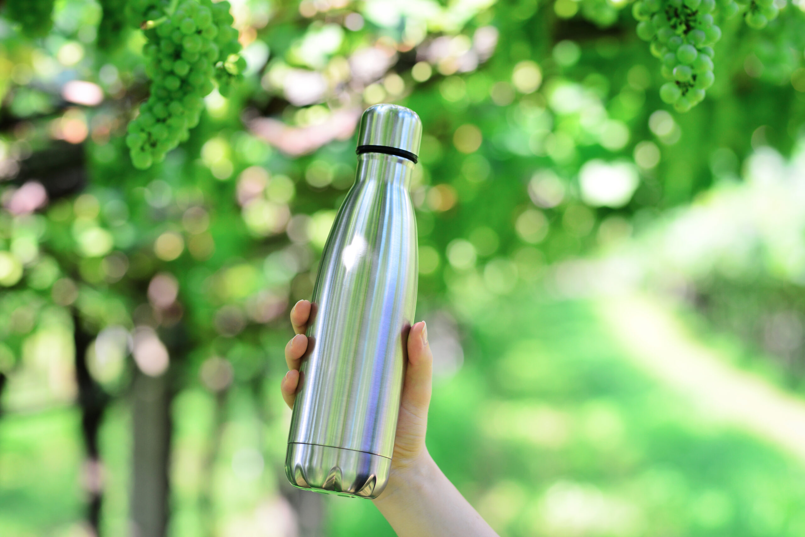 hand holding stainless steel water bottle