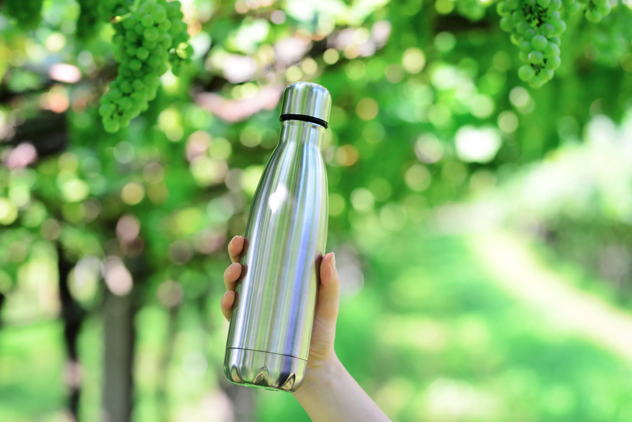 hand holding stainless steel water bottle